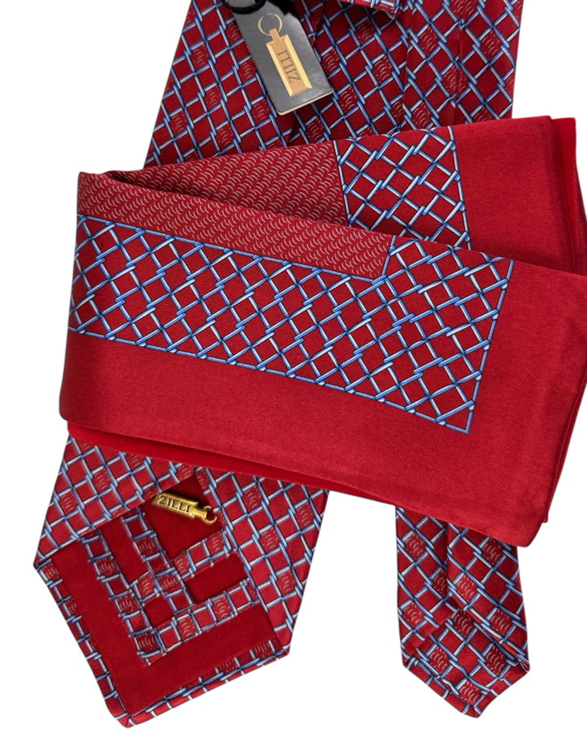 Zilli Silk Tie & Matching Pocket Square Set Red Blue BLACK FRIDAY SALE