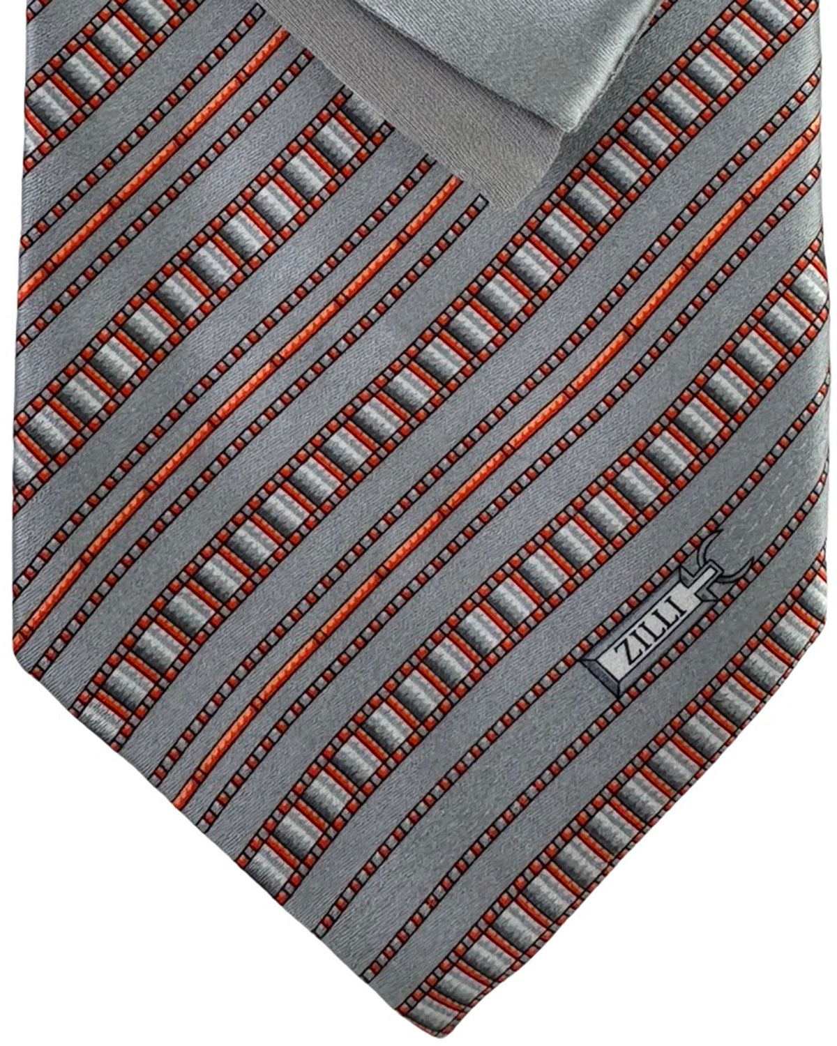 Zilli Tie & Matching Pocket Square Set Silver Grey Stripe with Orange Accents