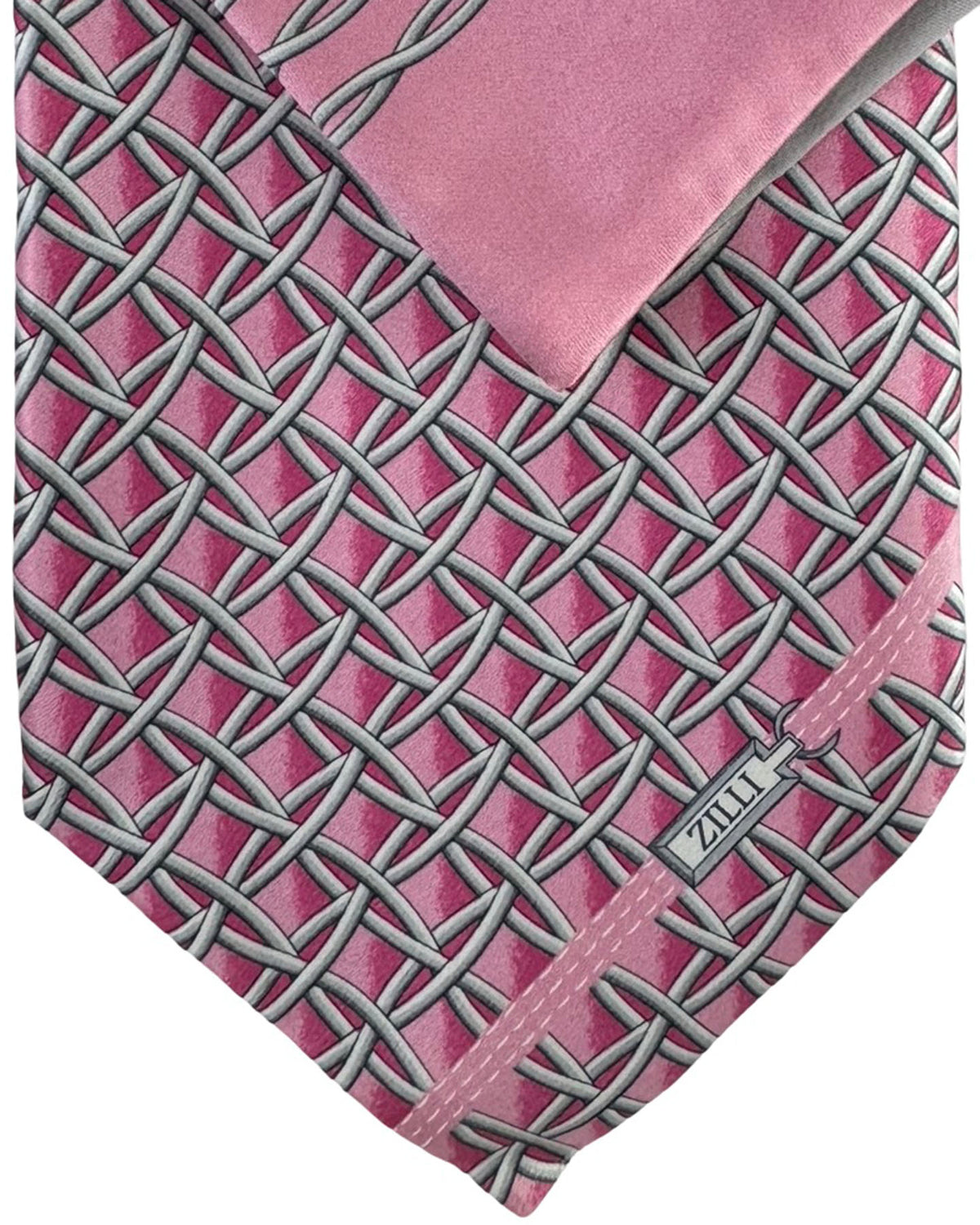 Zilli Tie & Matching Pocket Square Set Pink Gray Lattice