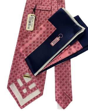 Zilli Tie & Matching Pocket Square Set Pink Navy Medallion Dot Pattern