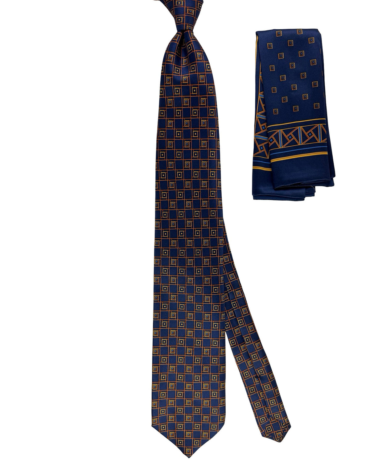 Zilli Tie & Matching Pocket Square Set Navy Brown Gold Square Design
