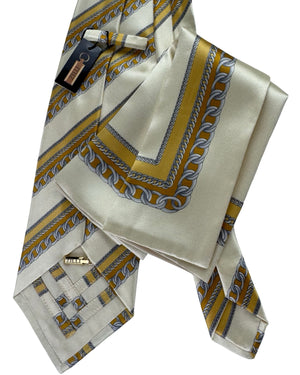 Zilli Tie & Matching Pocket Square Set Cream And Gold Chain Stripe