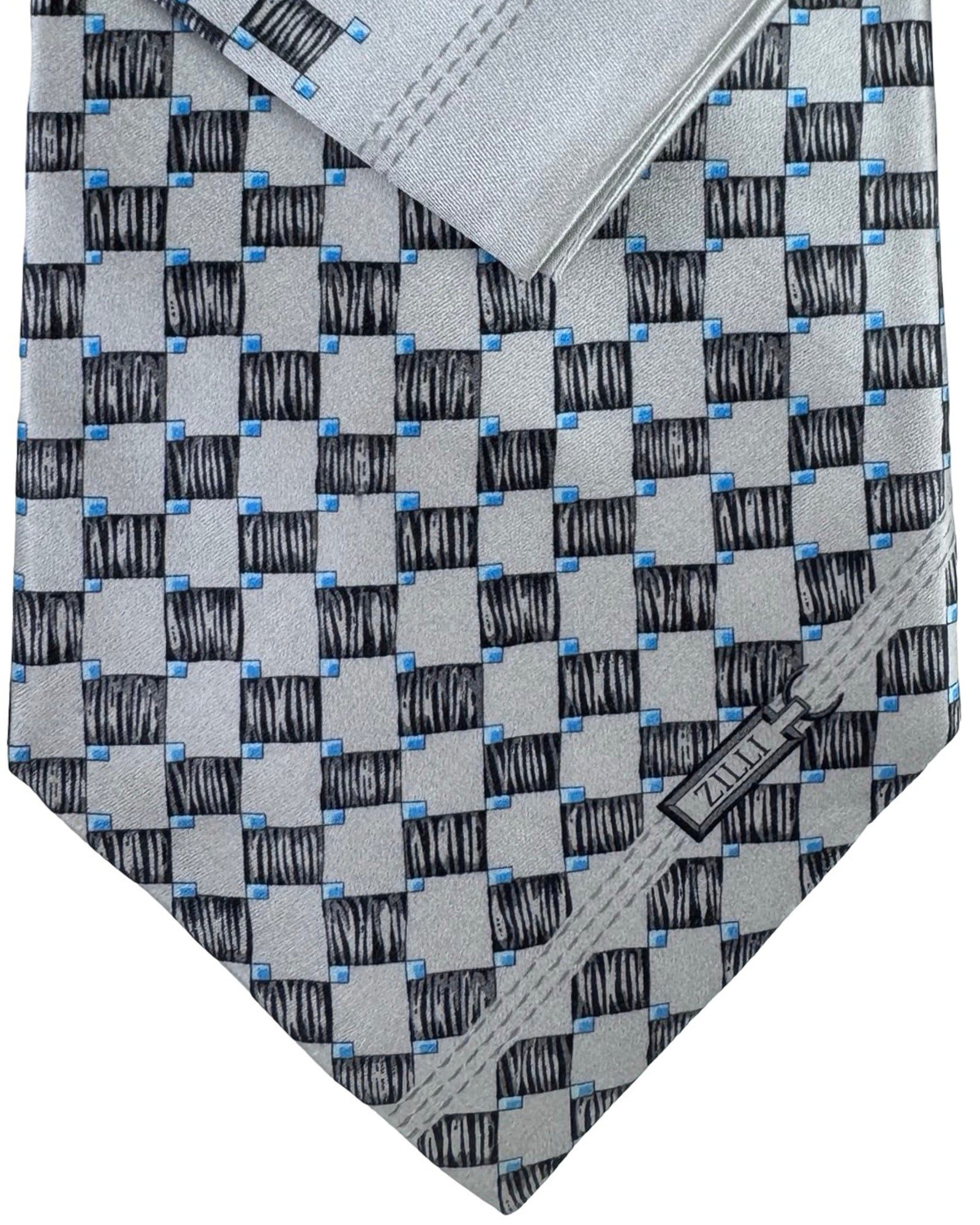 Zilli Tie & Matching Pocket Square Set Grey And Black Checker Grid