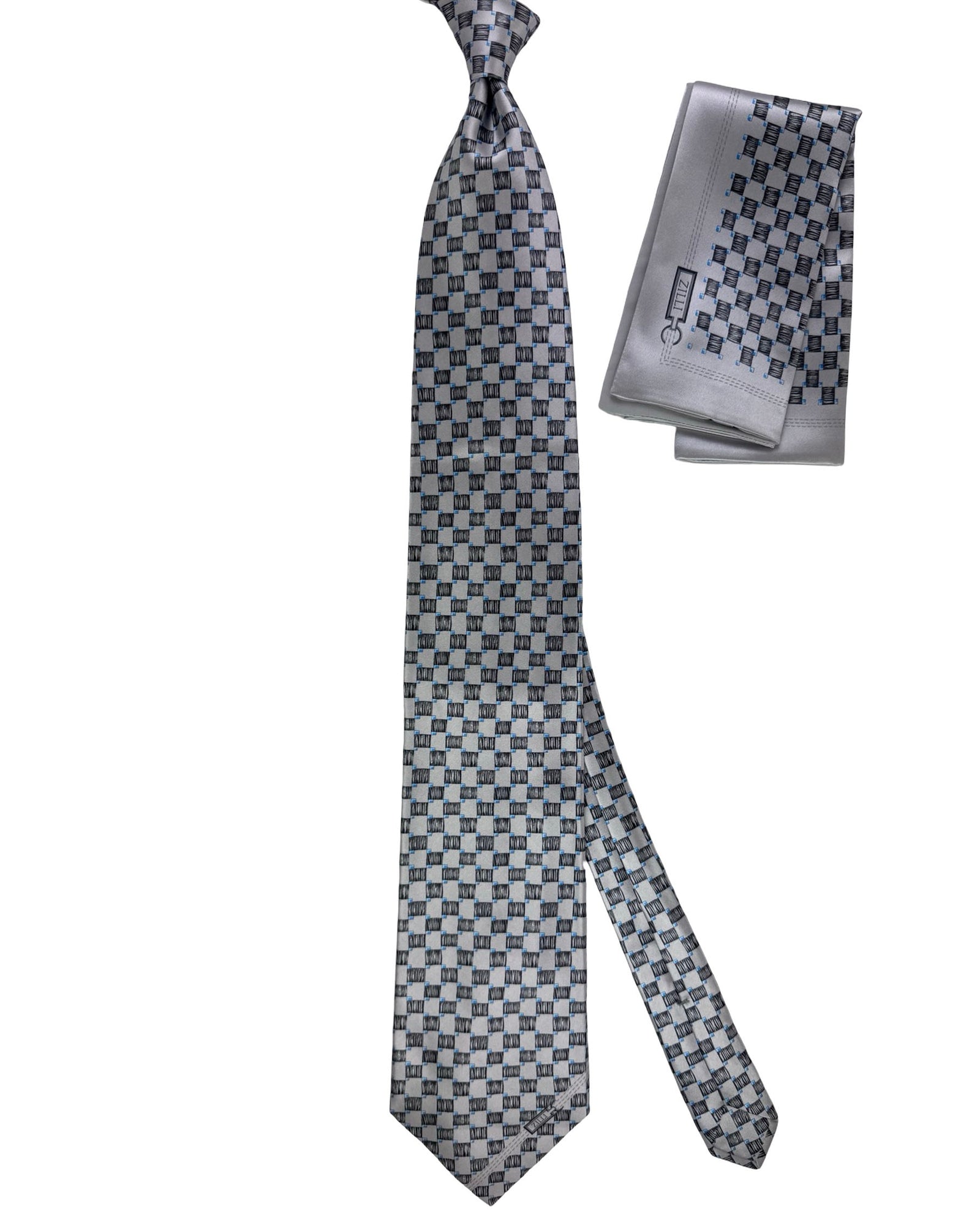 Zilli Extra Long Tie & Matching Pocket Square Set Grey And Black Checker Grid