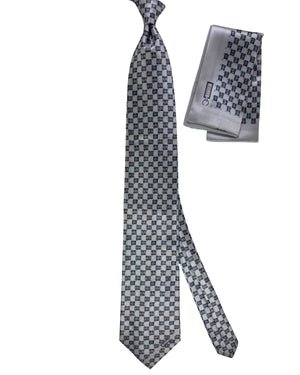Zilli Tie & Matching Pocket Square Set Grey And Black Checker Grid