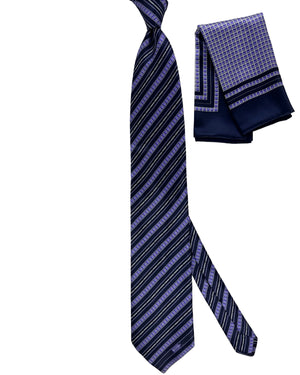 Zilli Tie & Matching Pocket Square Set Midnight Blue Purple Stripes