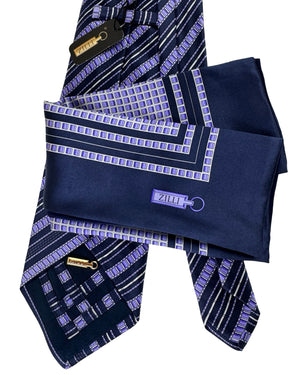 Zilli Tie & Matching Pocket Square Set Purple And Light Blue Chain Link