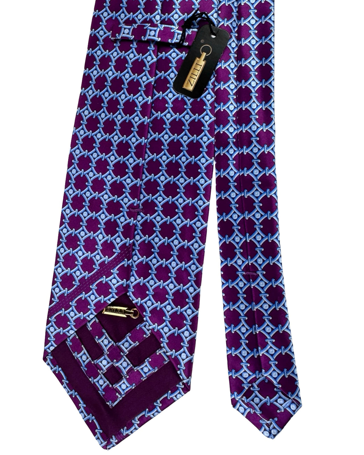 Zilli Tie & Matching Pocket Square Set Purple And Light Blue Chain Link Pattern