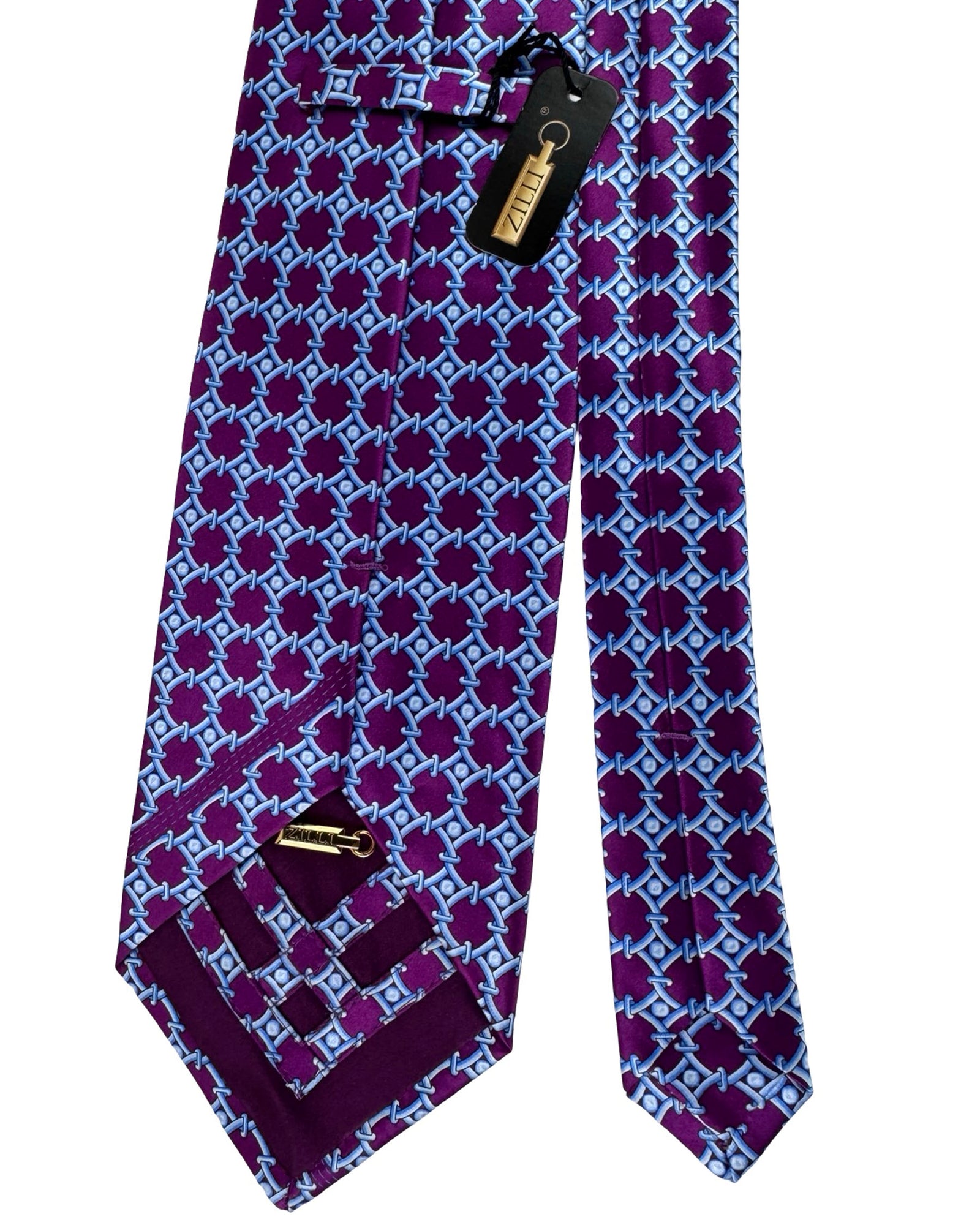 Zilli Tie & Matching Pocket Square Set Purple Blue Chain Link Pattern