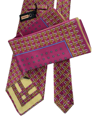 Zilli Tie & Matching Pocket Square Set Magenta And Gold Interlocking Loop Pattern