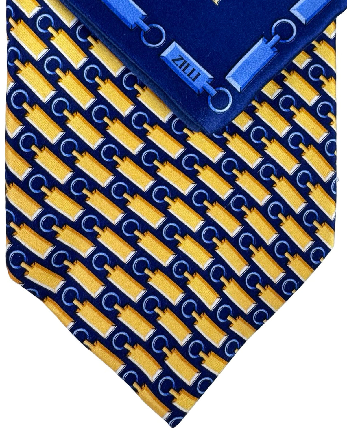 Zilli Tie & Matching Pocket Square Set Navy Gold Logo Key Chain