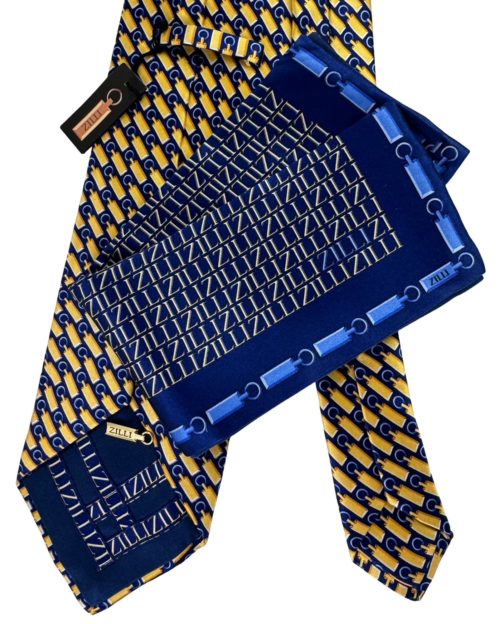 Zilli Tie & Matching Pocket Square Set Navy Gold Logo Key Chain
