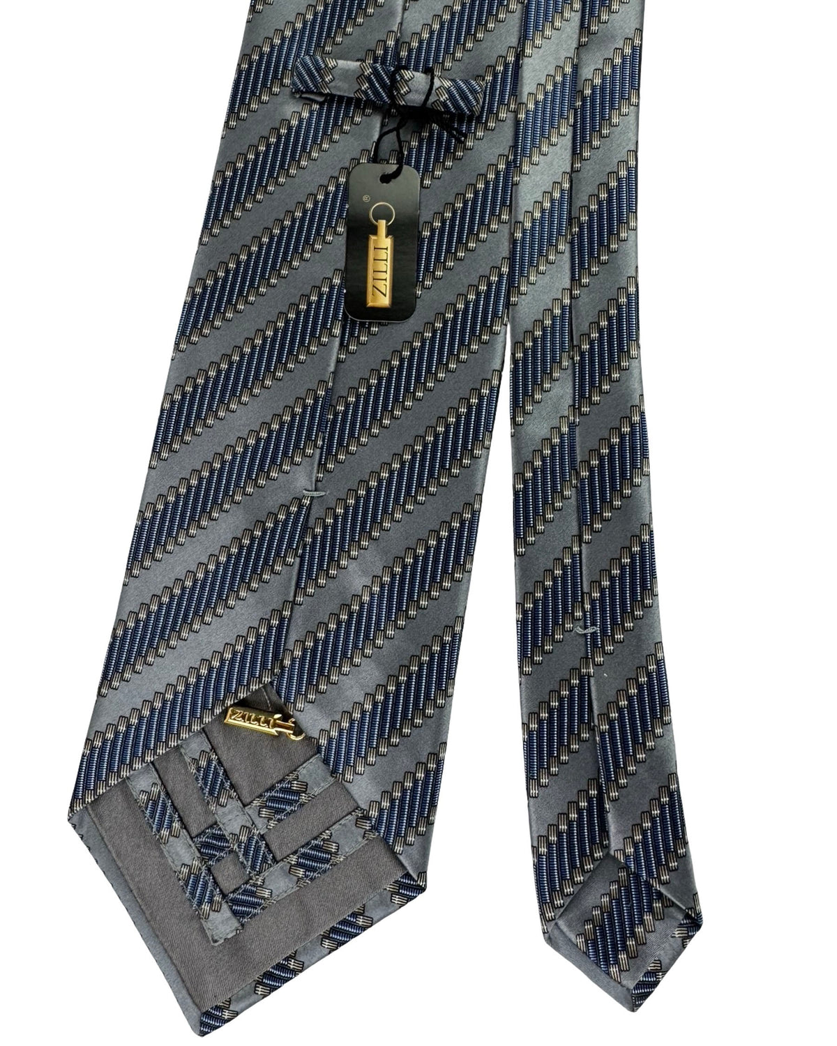 Zilli Tie Gray Blue Diagonal Bar Pattern- Extra Long Necktie