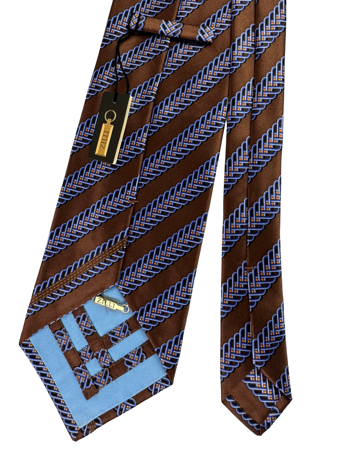 Zilli Tie Brown Blue Woven Chain- Extra Long Necktie