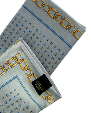 Zilli Silk Pocket Square Gray Blue Gold Chain & Dots SALE