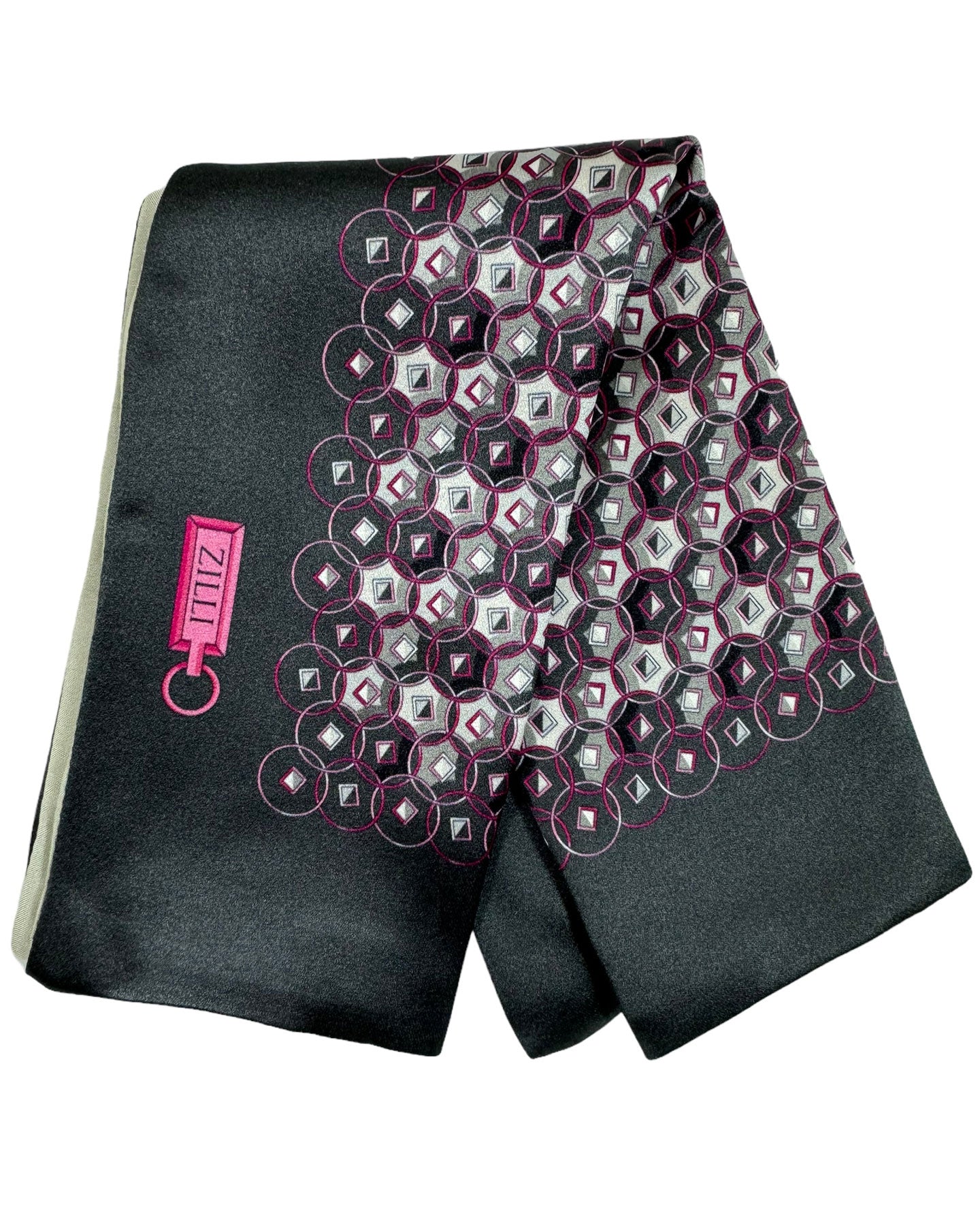 Zilli Silk Pocket Square Black Pink Geometric Design