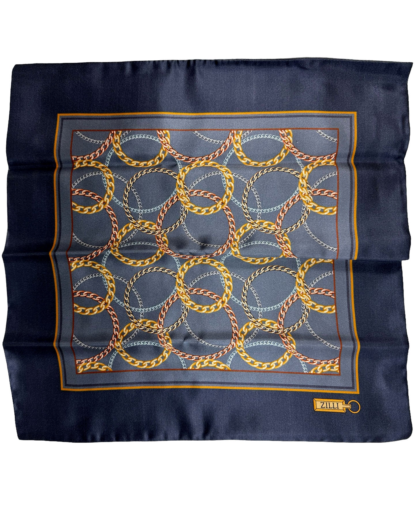 Zilli Silk Pocket Square Dark Blue Gold Chains Design