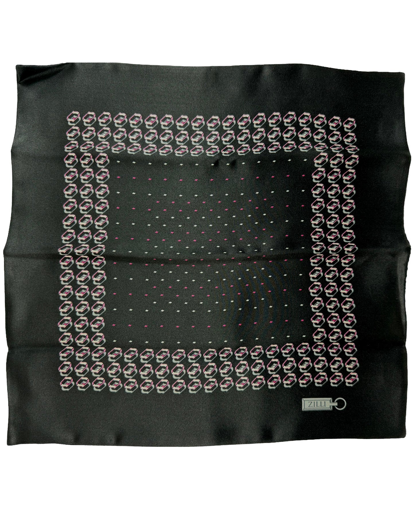 Zilli Silk Pocket Square Black Pink Geometric Design 