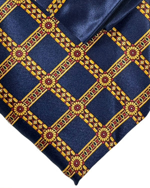 Zilli Tie & Matching Pocket Square Set Dark Blue Gold Mini Floral Check Design