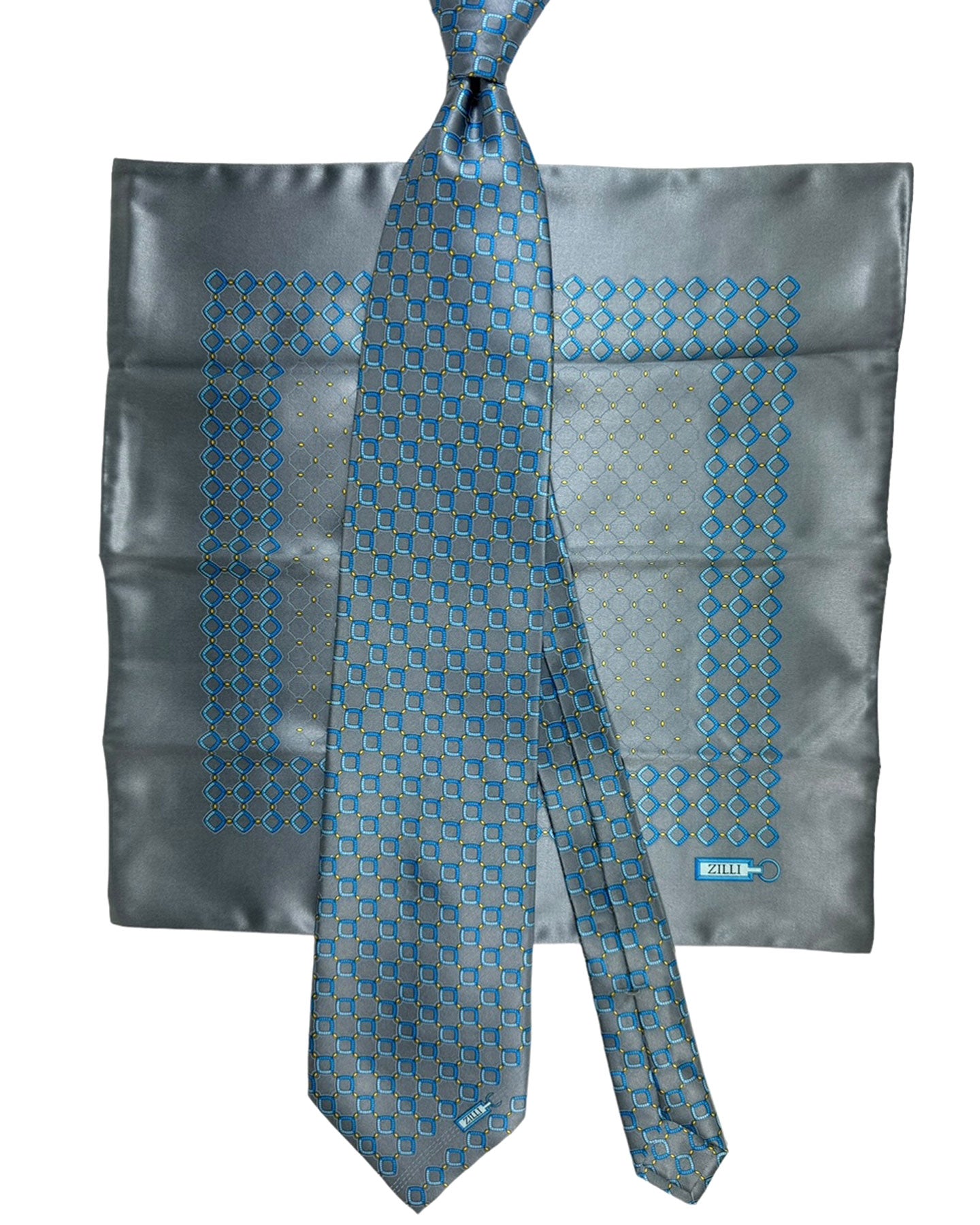 Zilli Tie & Matching Pocket Square Set Gray Blue Yellow Geometric Design