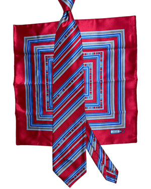 Zilli Tie & Matching Pocket Square Set Red Blue Stripes Design