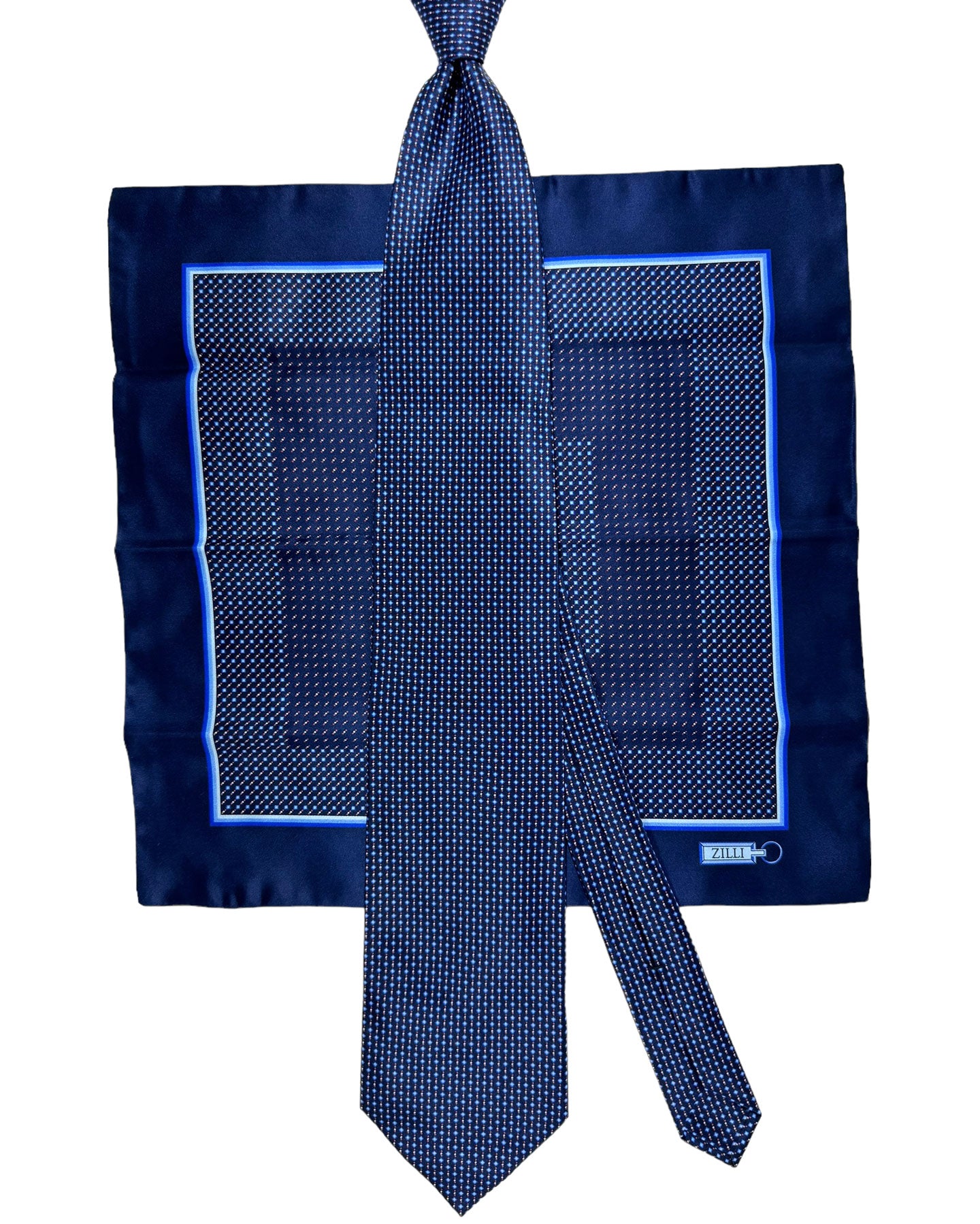 Zilli Tie & Matching Pocket Square Set Midnight Blue Brown Royal Blue Micro Pattern
