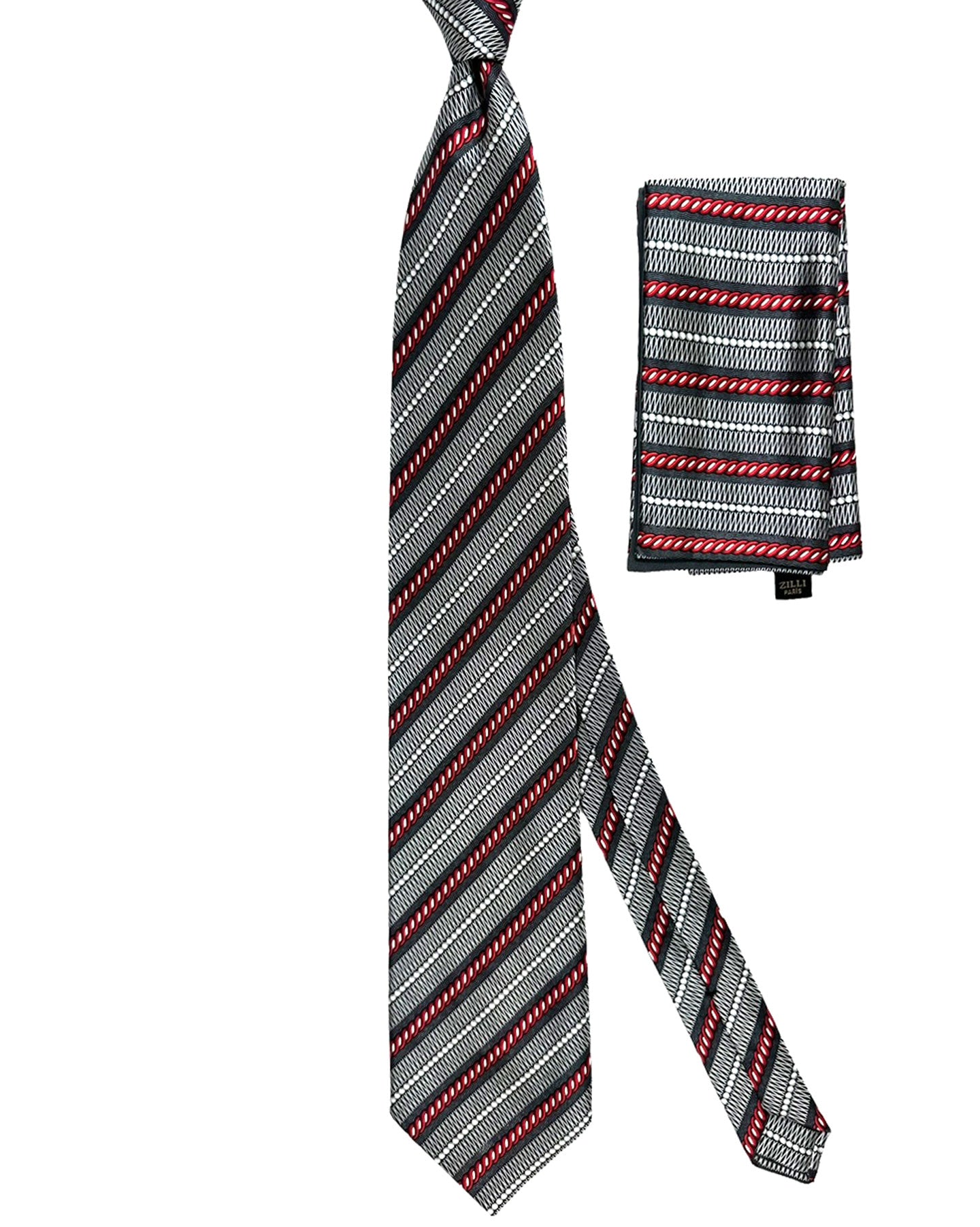 Zilli Tie & Matching Pocket Square Set Gray Red Stripes