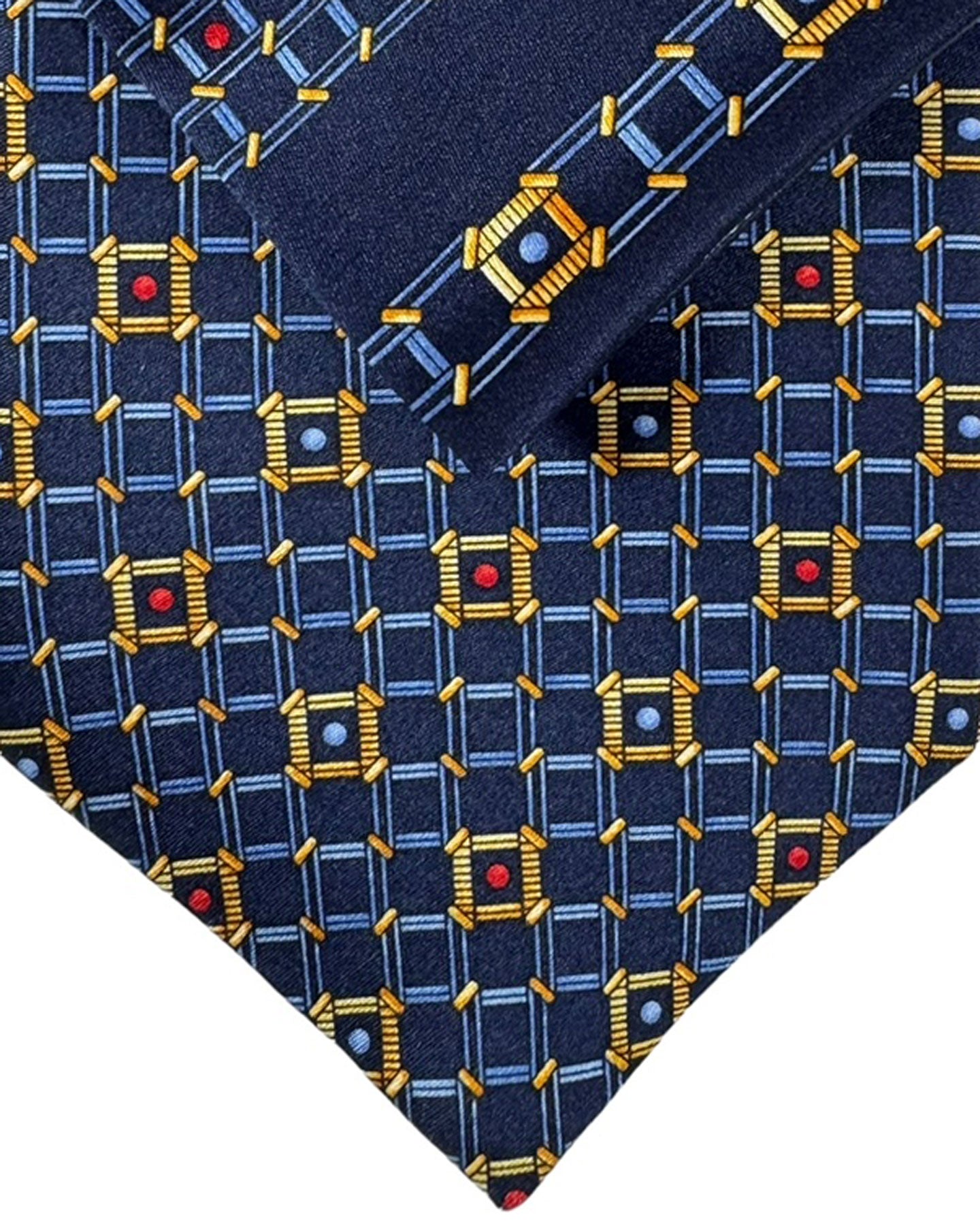 Zilli Tie & Matching Pocket Square Set Dark Blue Orange Gold Red Geometric