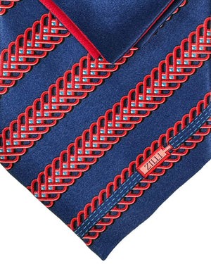 Zilli Tie & Matching Pocket Square Set Midnight Blue Red Pink Stripes