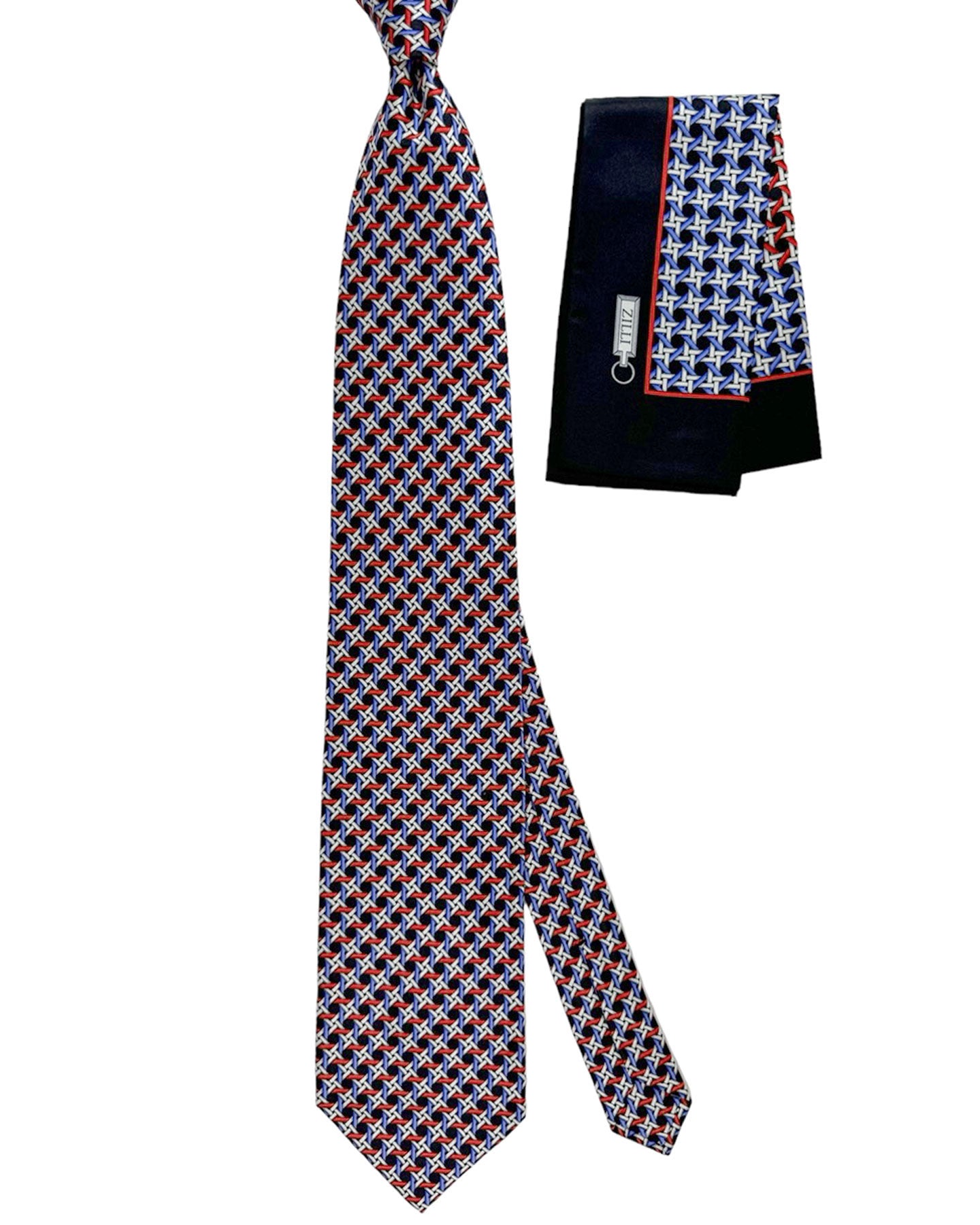 Zilli Tie & Matching Pocket Square Set Black Red Royal Blue Geometric