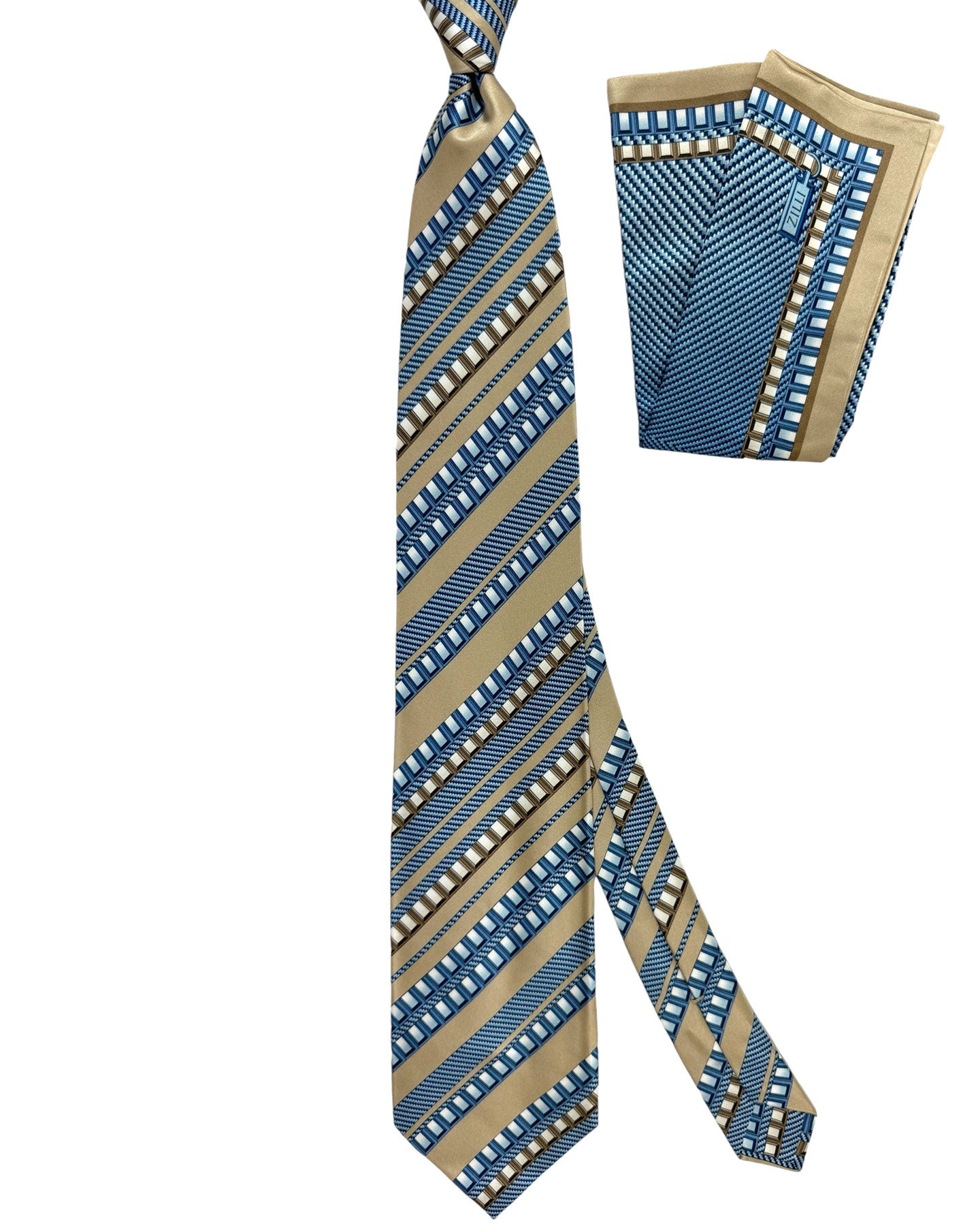 Zilli Tie & Matching Pocket Square Set Cream Blue Stripes