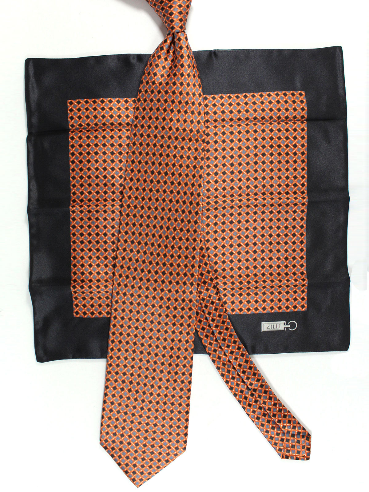 Zilli Silk Tie & Matching Pocket Square Set Black Gray Brown Geometric