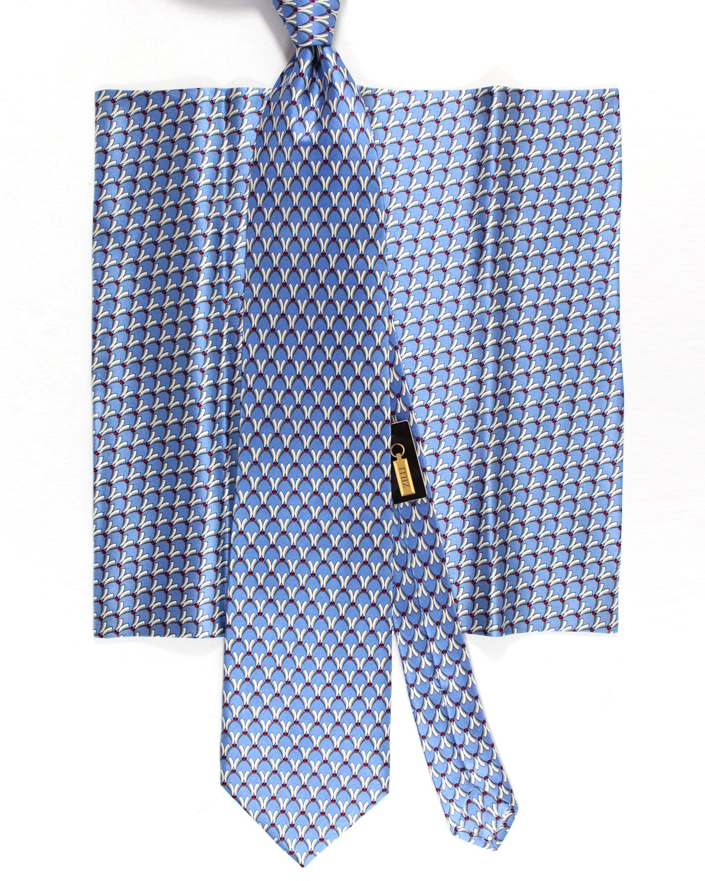 Zilli Silk Tie & Matching Pocket Square Set Blue Gray Burgundy Geometric Design