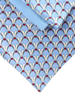 Zilli Silk Tie & Matching Pocket Square Set Sky Blue Gray Burgundy Geometric Design