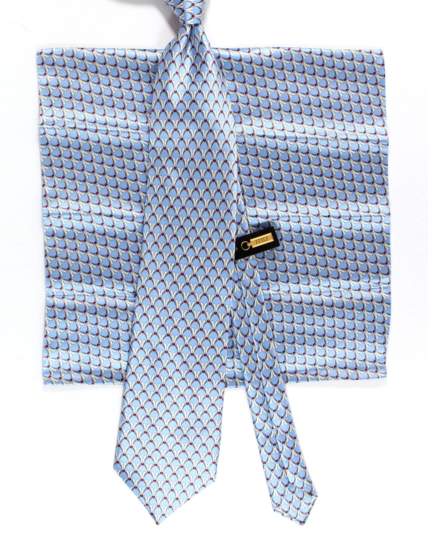 Zilli Silk Tie & Matching Pocket Square Set Sky Blue Gray Burgundy Geometric Design