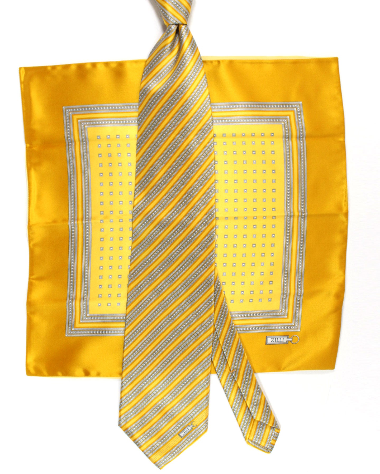 Zilli Silk Tie & Matching Pocket Square Set Mustard Gold Gray Silver Striped Design