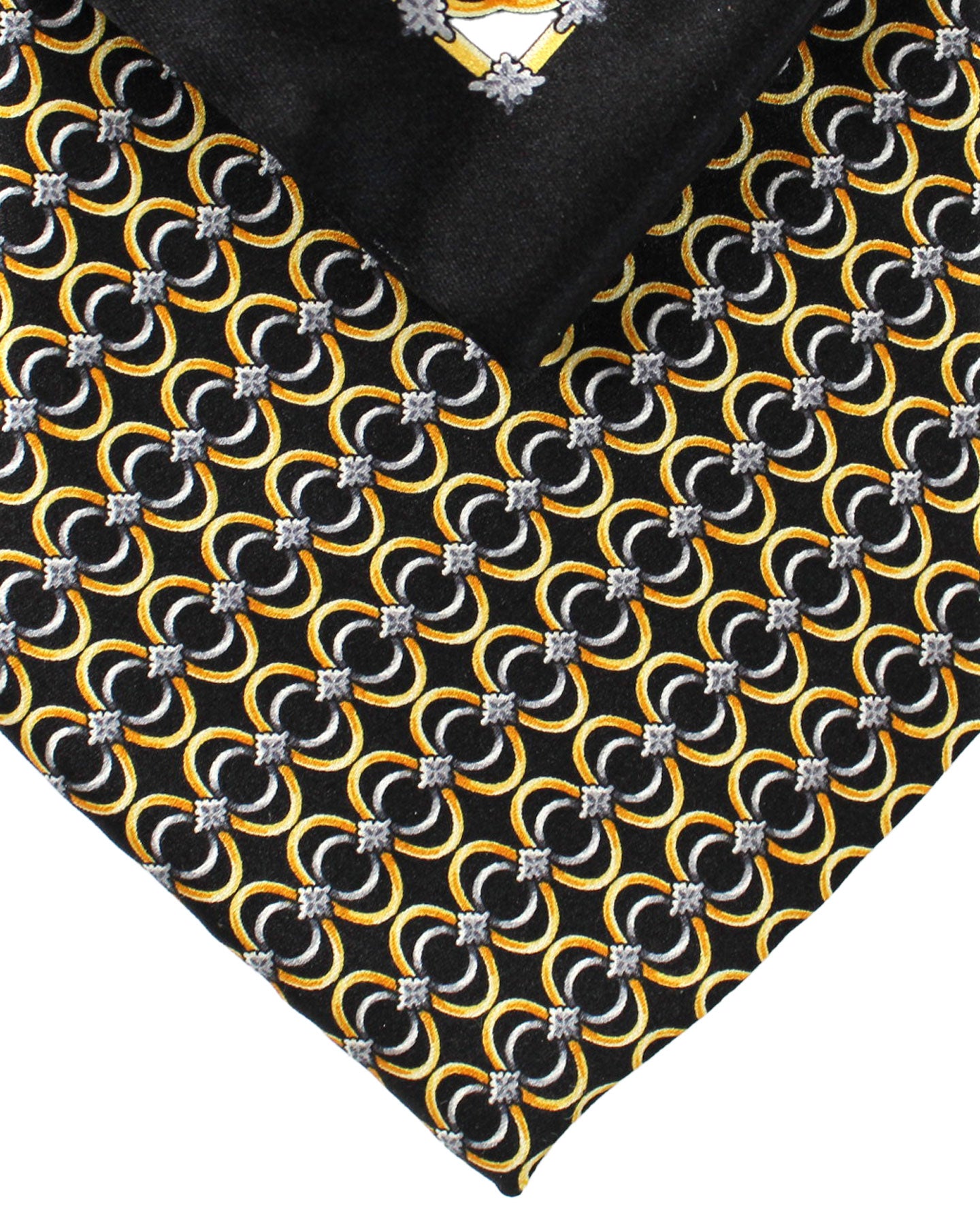 Zilli Silk Tie & Matching Pocket Square Set Black Orange Gold Gray Silver Geometric Design