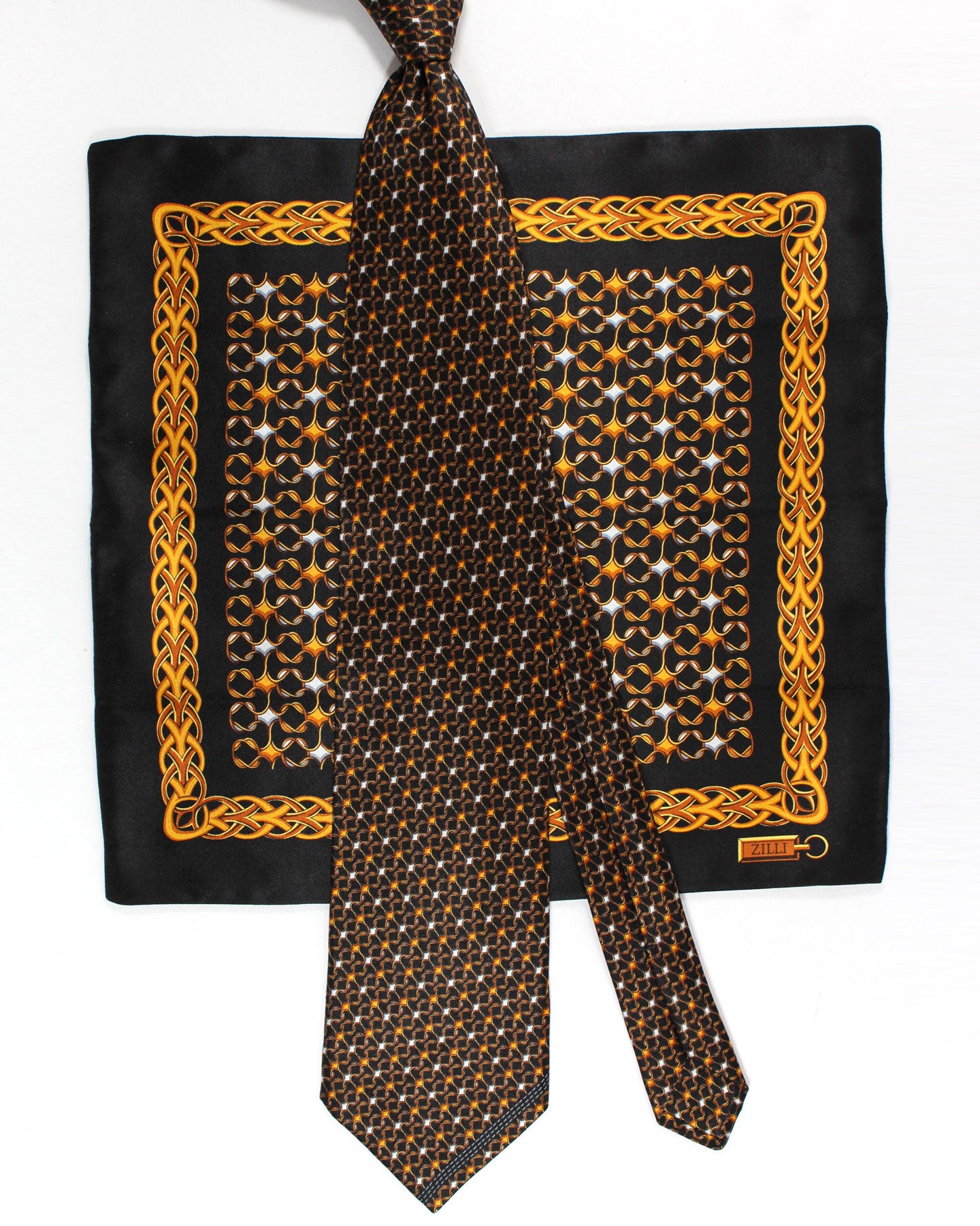 Zilli Silk Tie & Matching Pocket Square Set Black Brown Orange Geometric Design