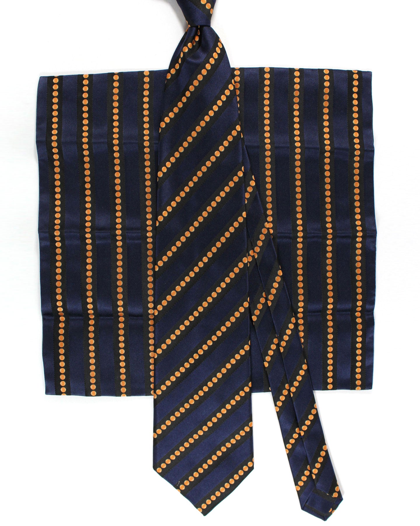 Zilli Silk Tie & Matching Pocket Square Set Dark Blue Pink Stripes Design