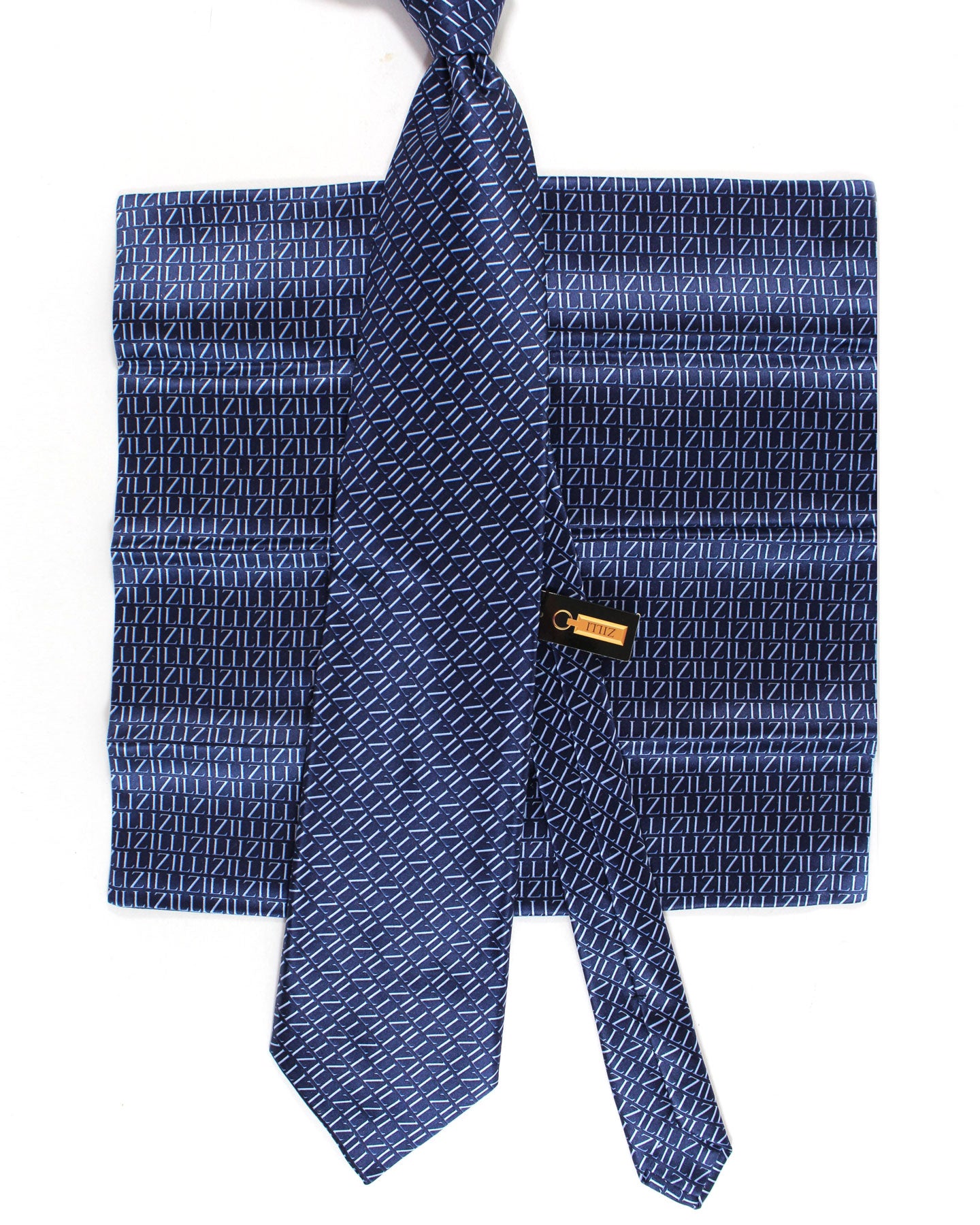 Zilli Silk Tie & Matching Pocket Square Set Dark Blue Logos Design