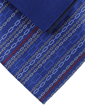 Zilli Silk Tie & Matching Pocket Square Set Dark Blue Blue Chains Design