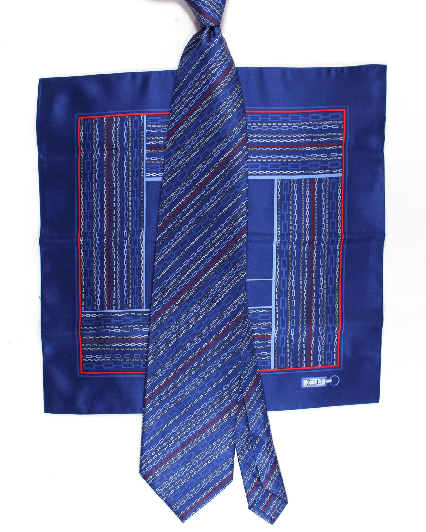 Zilli Silk Tie & Matching Pocket Square Set Dark Blue Blue Chains Design