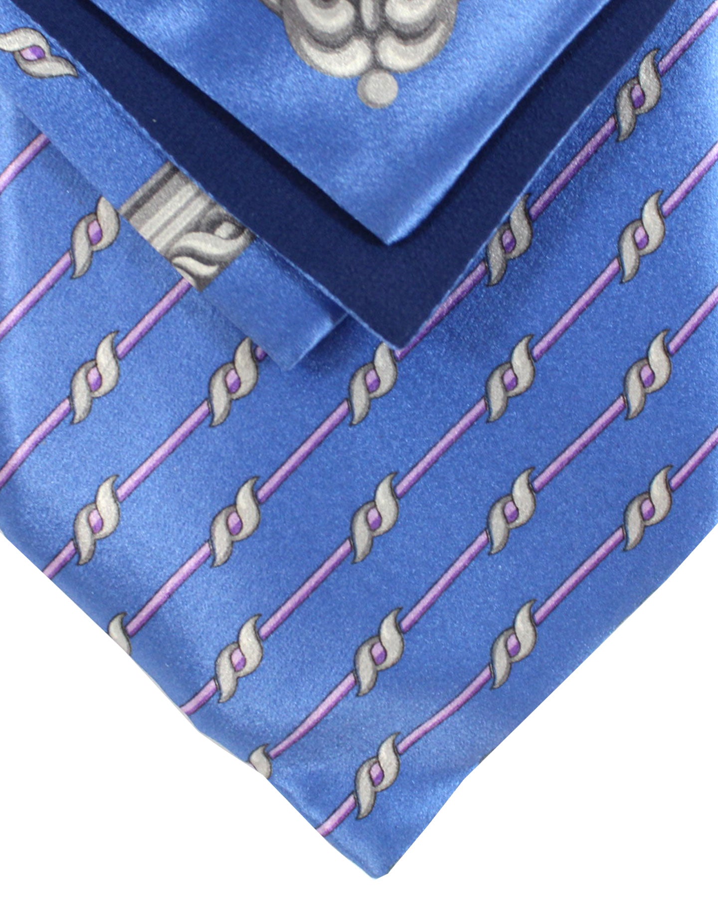 Zilli Silk Tie & Matching Pocket Square Set Blue Lilac Stripes Design