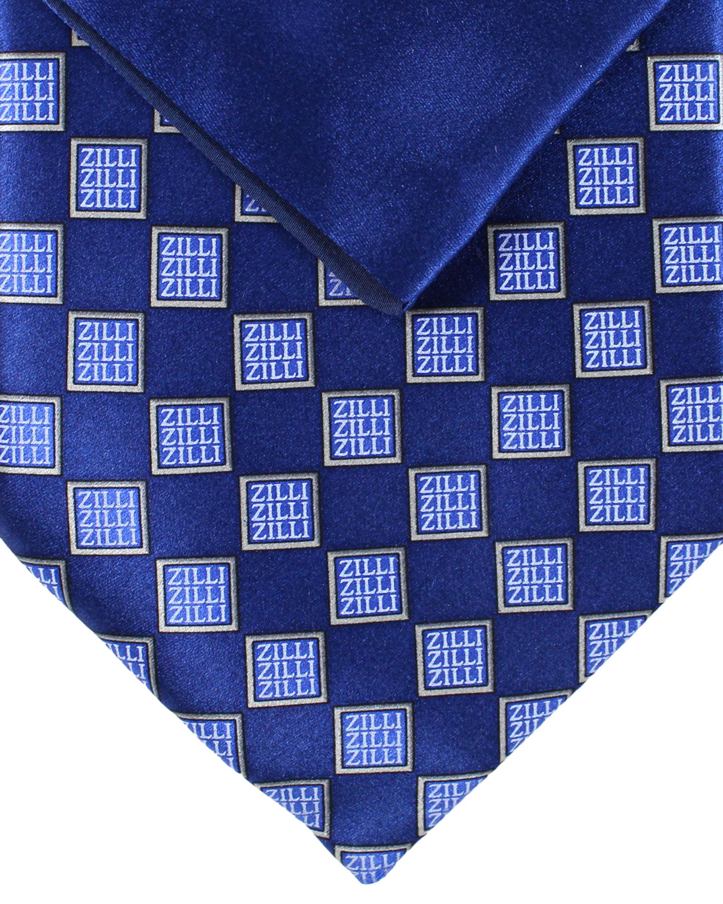Zilli Silk Tie & Matching Pocket Square Set Navy Blue Logos Design