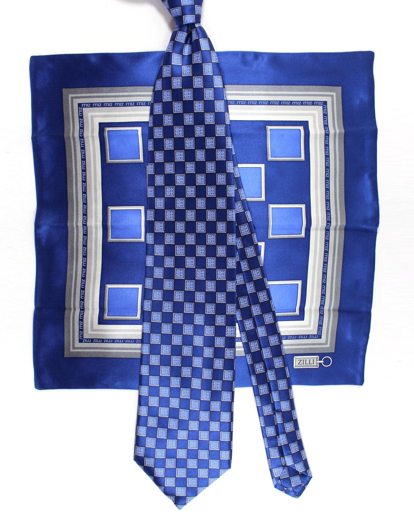 Zilli Silk Tie & Matching Pocket Square Set Navy Blue Logos Design