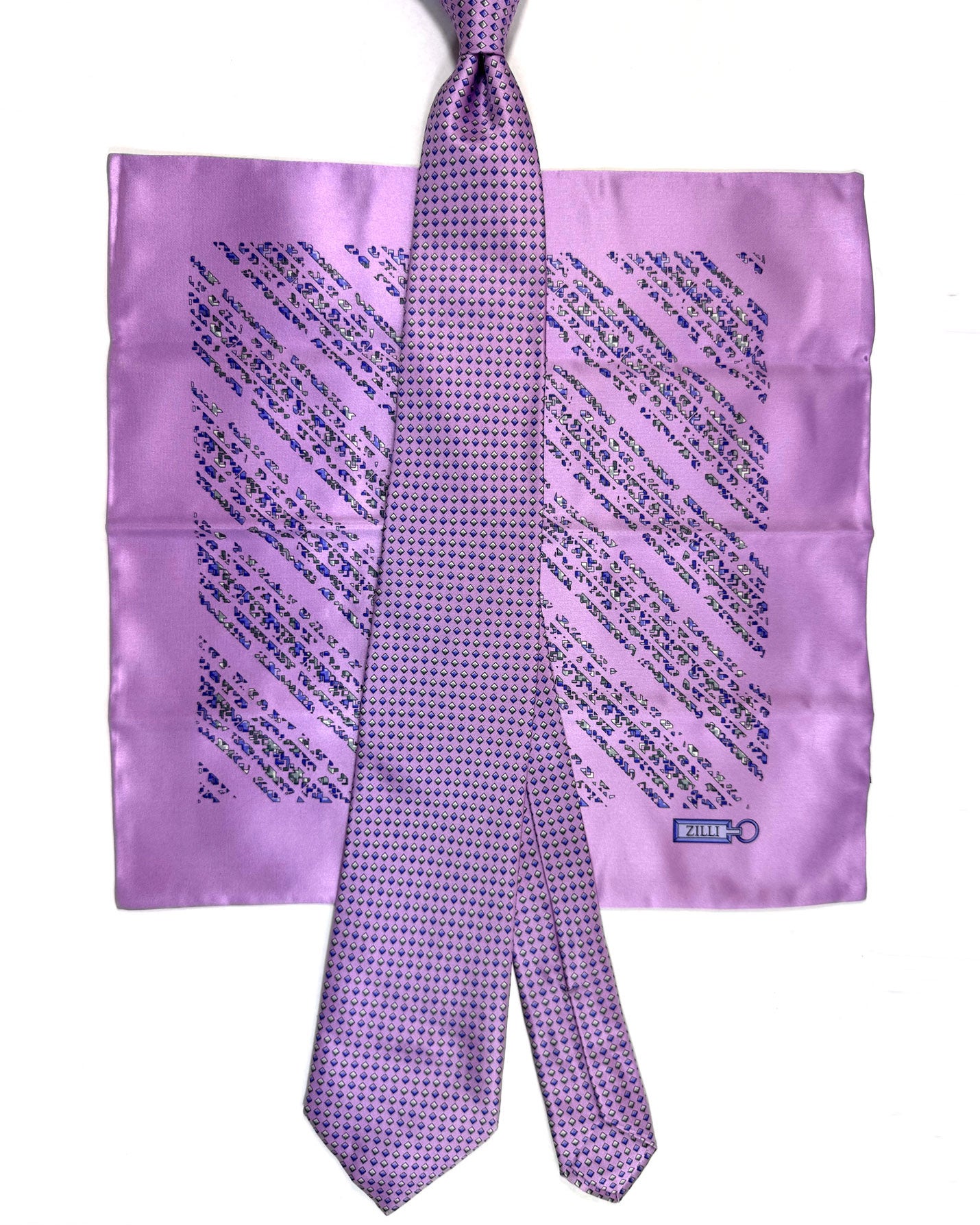 Zilli Silk Tie & Matching Pocket Square Set Lilac Squares Design