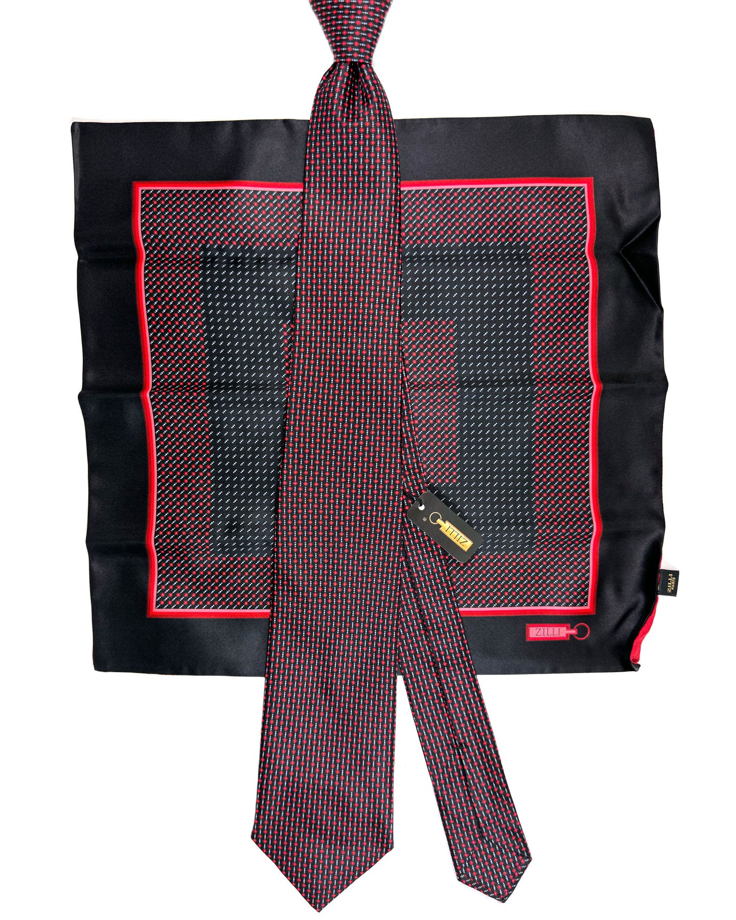 Zilli Silk Tie & Matching Pocket Square Set Black Red Geometric Design