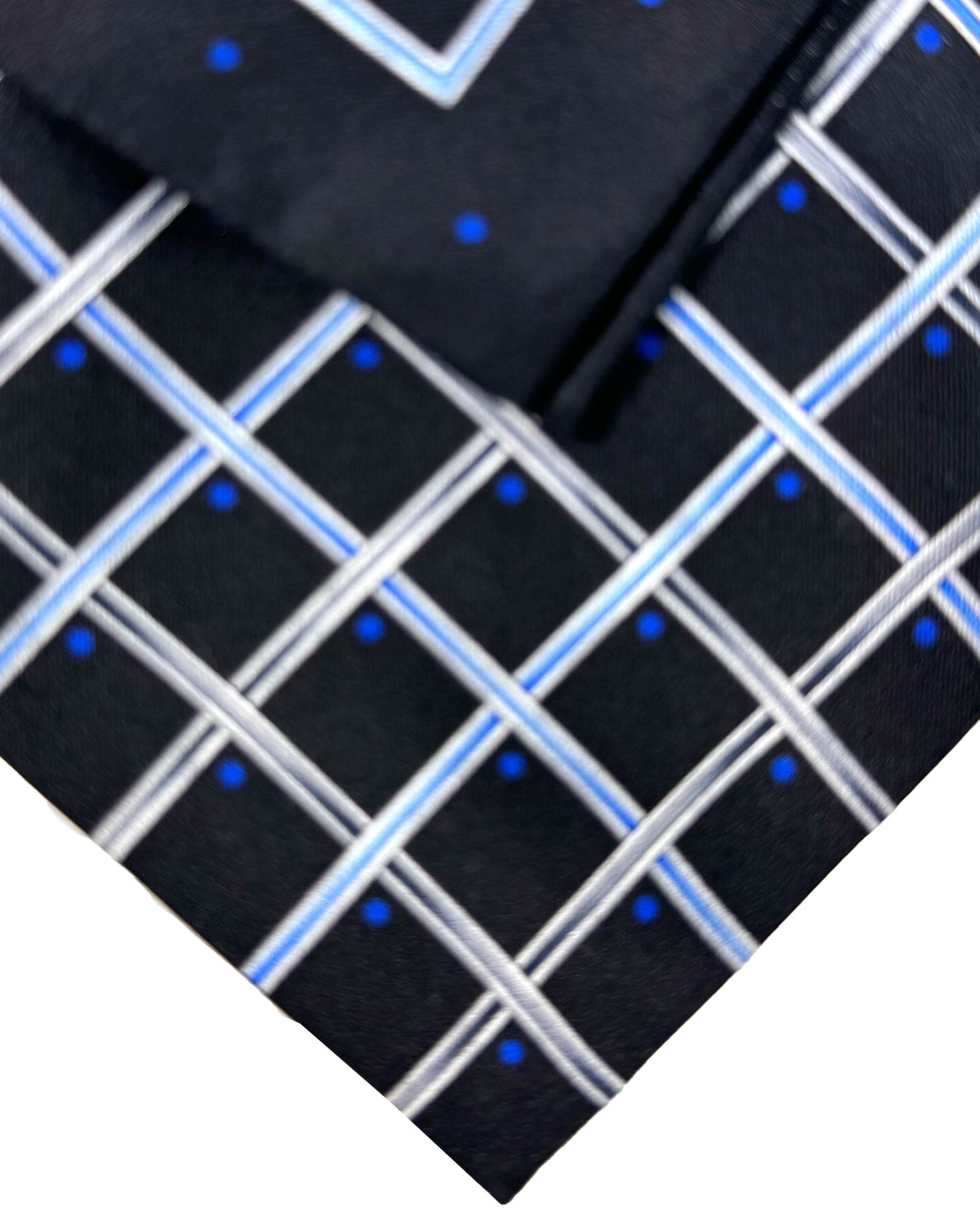 Zilli Silk Tie & Matching Pocket Square Set Black Royal Blue Gray Check Design