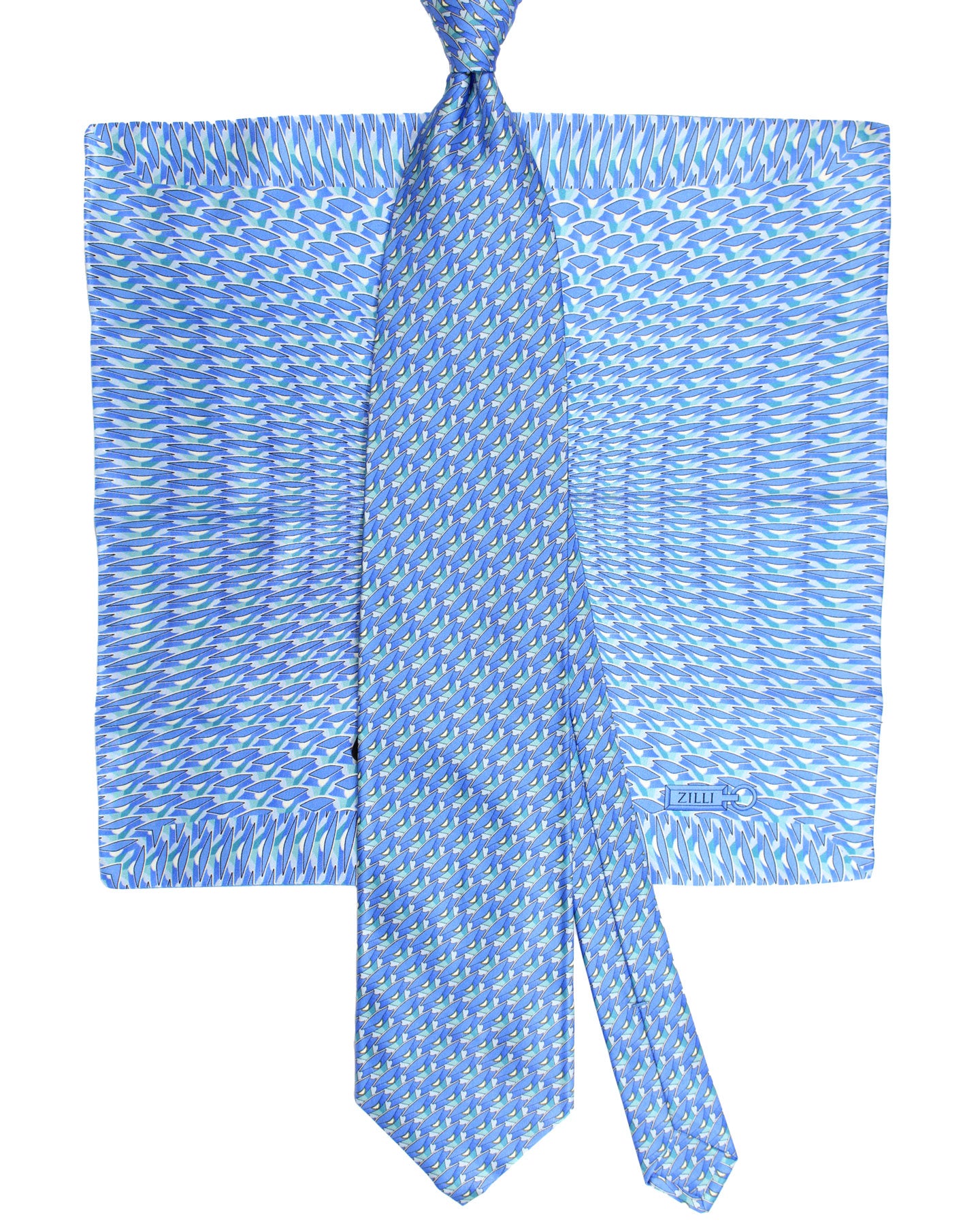Zilli Tie & Matching Pocket Square Set Blue Green Geometric Design