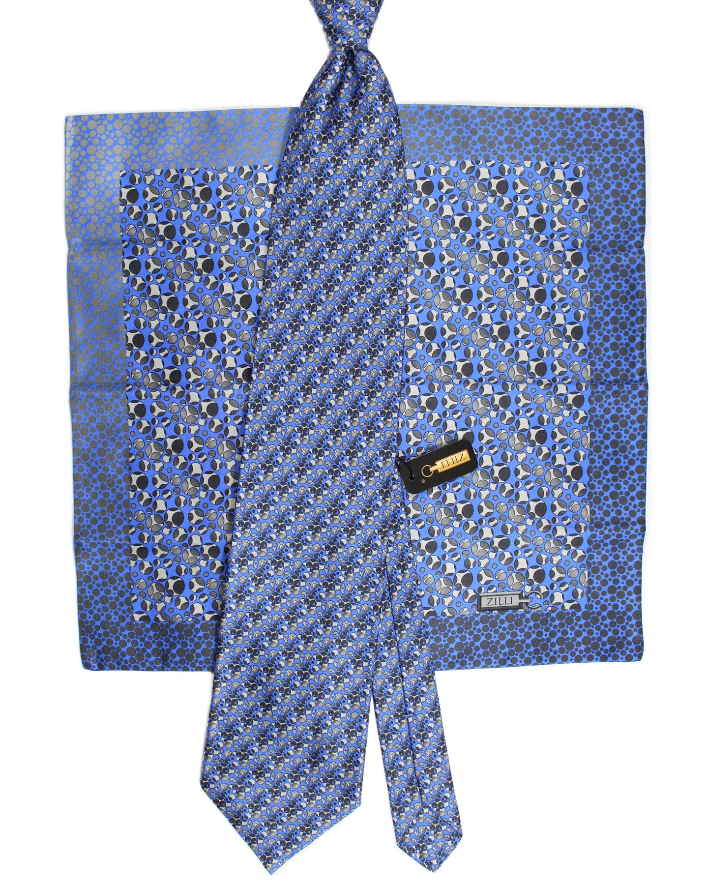 Zilli Tie & Matching Pocket Square Set Blue Gray Geometric Design